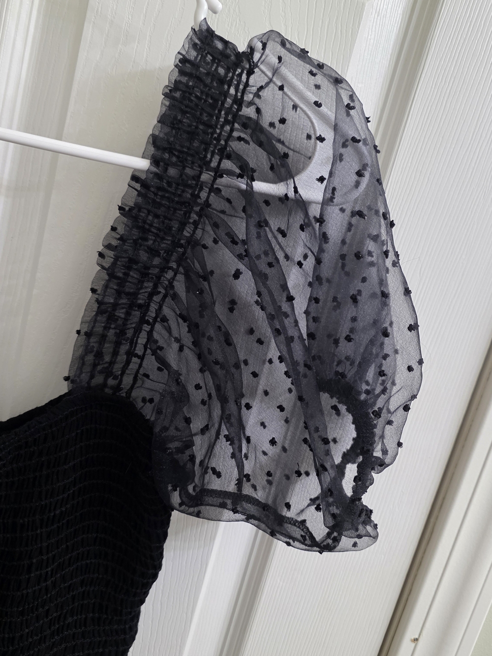 Lush Black Smocked Crop Top with Sheer Puff Dot Sleeves - Picture 2 of 5